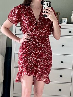 BCBGeneration Red and White Floral Ruching V-Neck Dress